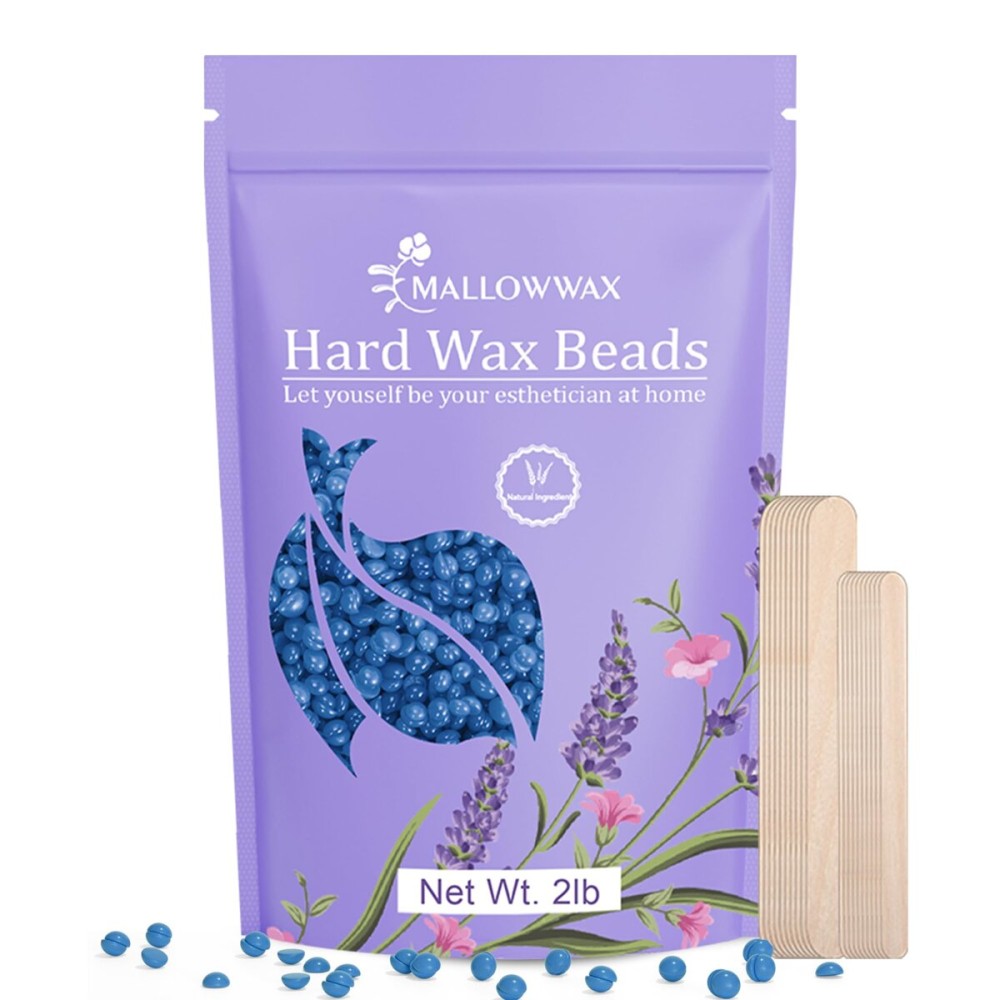 Mallowwax Hard Wax Beads, 2LB Blue Wax for Full-Body Hair, Strong Grip for Thick Hair Removal, Waxing for Legs, Arms, Chest & Back, No Strips Needed, Easy to Use at Home or Salon