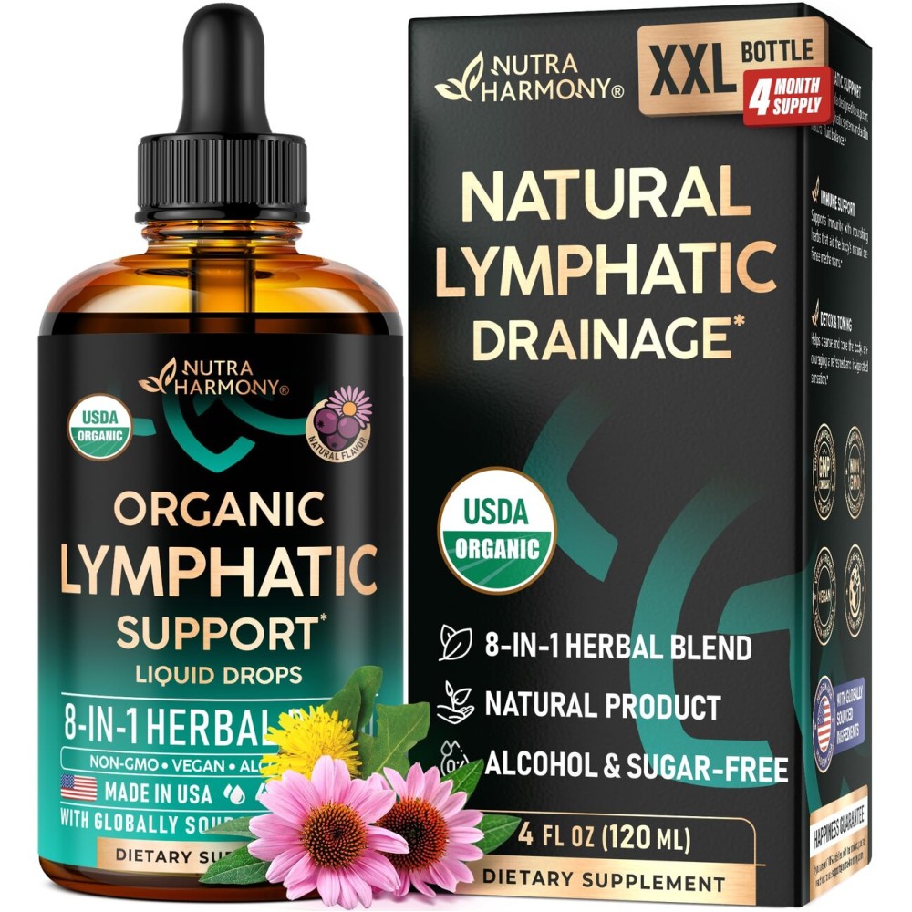 USDA Organic Lymphatic Drainage Supplement - Echinacea | Elderberry | Dandelion | Rosehip | Cleavers | Calendula | Burdock - Made in USA - Lymph System Drops - Immune Support, Cleanse & Detox, 4 fl oz