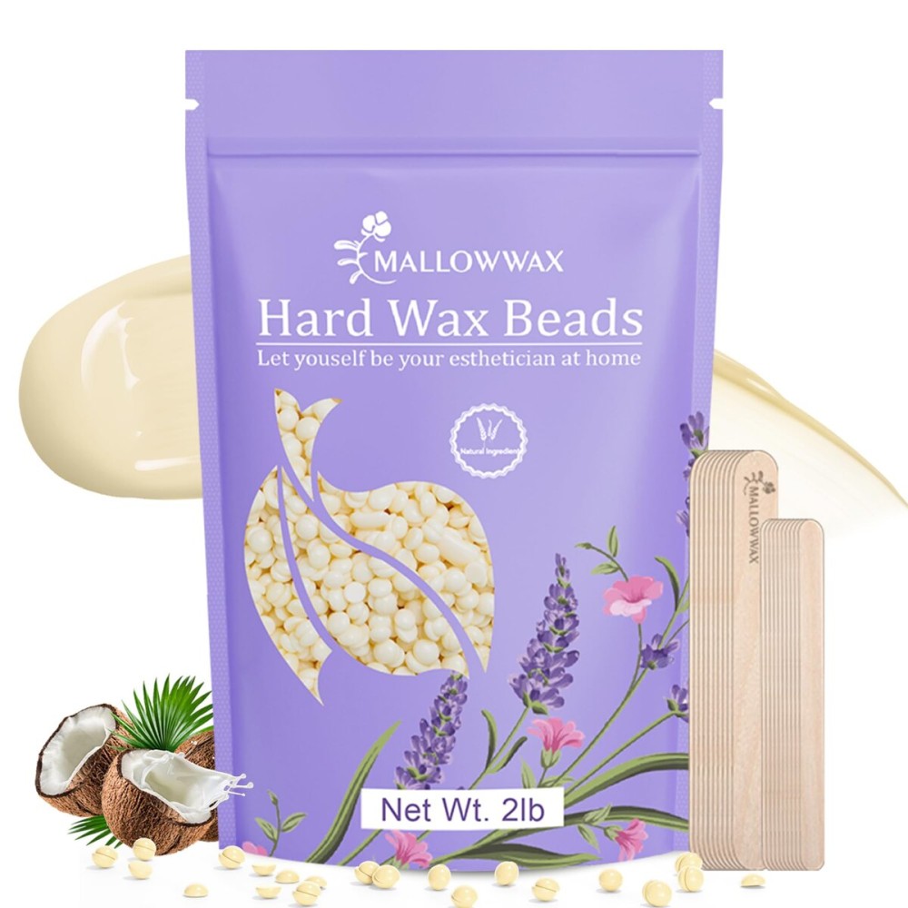 Mallowwax Hard Wax Beads, 2LB Coconut Cream Wax for Sensitive Skin, Gentle Hair Removal for Face, Bikini, Legs & Brazilian, No Strips Needed & Easy to Use at Home