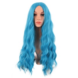 MapofBeauty 28 Inch/70 cm Long Wavy Middle Part with No Bangs Synthetic Fiber Curly Fashion Women Party Cosplay Wig (Cyan Blue)