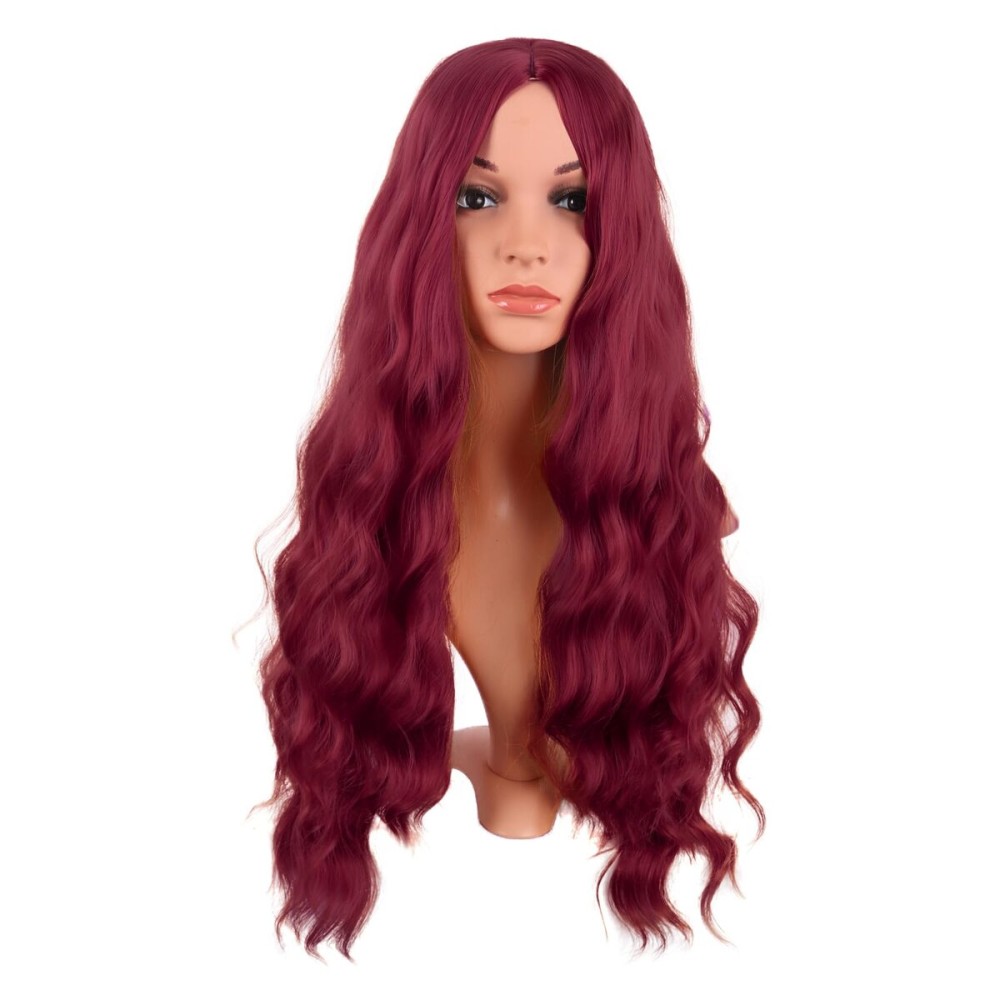 MapofBeauty 28 Inch/70 cm Long Wavy Middle Part with No Bangs Synthetic Fiber Curly Fashion Women Party Cosplay Wig (Blood Red)
