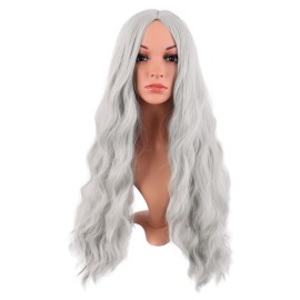 MapofBeauty 28 Inch/70 cm Long Wavy Middle Part with No Bangs Synthetic Fiber Curly Fashion Women Party Cosplay Wig (Silver)