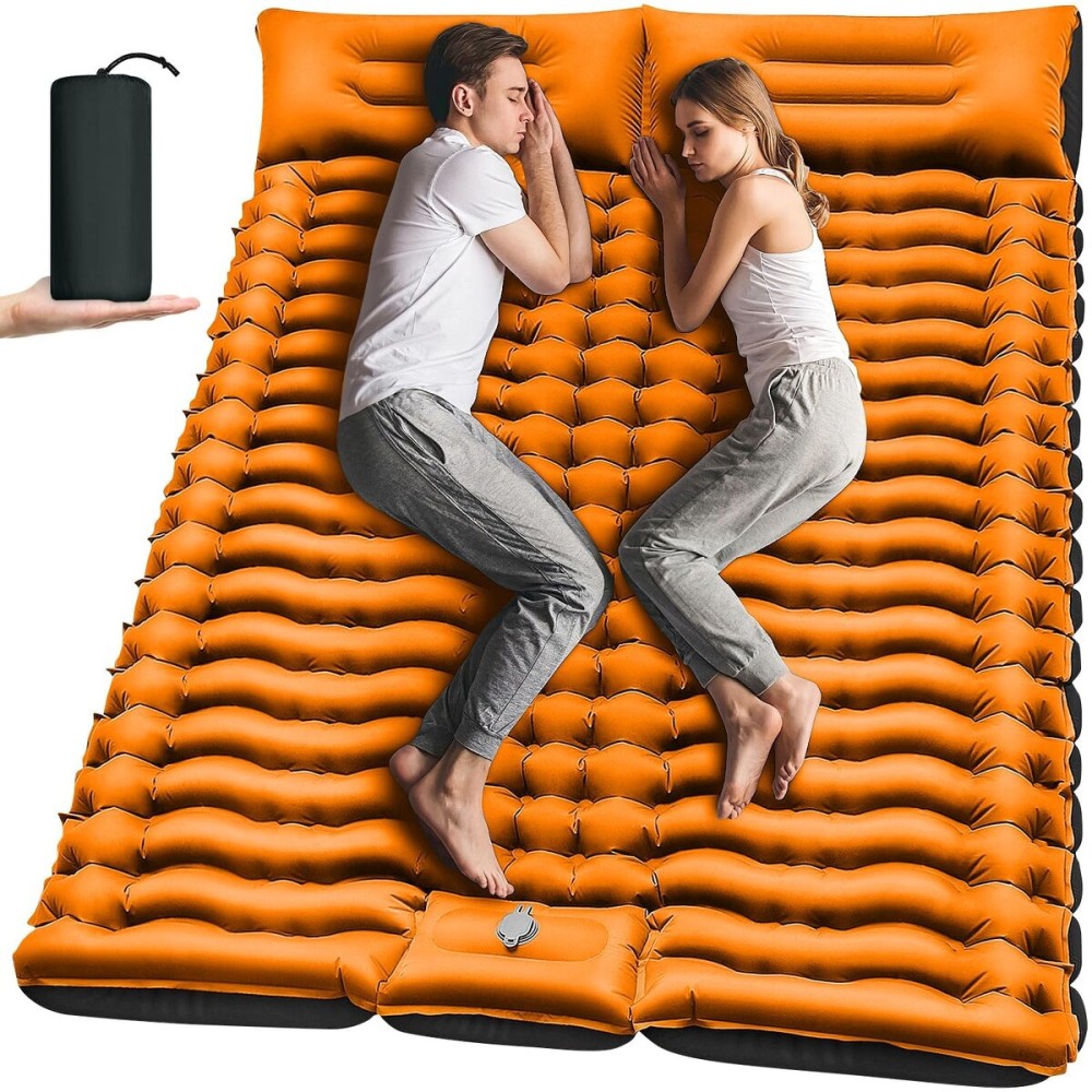 Yuzonc Double Camping Sleeping Pad, Self-Inflating 4 Ultra-Thick Foot-Press Design - Lightweight 2-Person Outdoor Mat with Pillow for Camping, Hiking, Backpacking, Travel - Orange