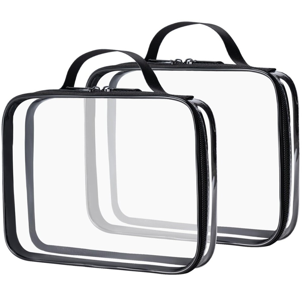 MODENGKONGJIAN TSA Approved Clear Toiletry Bag, 2 Pack Clear Quart Size Travel Makeup Cosmetic Bags with Handle Large Opening, Carry on Airport Airline Compliant Bag for Women Men (Black)