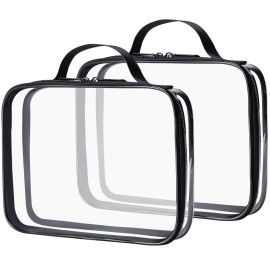 MODENGKONGJIAN TSA Approved Clear Toiletry Bag, 2 Pack Clear Quart Size Travel Makeup Cosmetic Bags with Handle Large Opening, Carry on Airport Airline Compliant Bag for Women Men (Black)