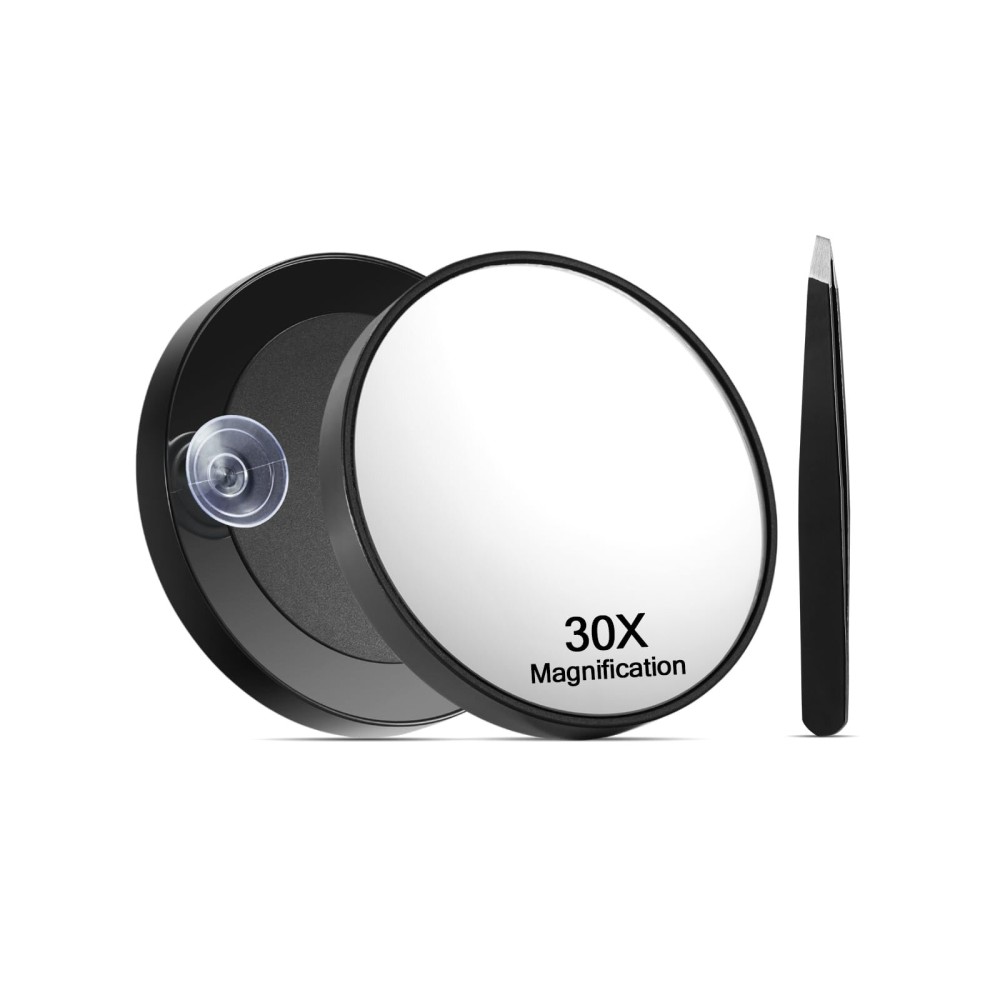Macaki 30X Magnifying Mirror with Suction Cups and Tweezers Set, 3.5 inches Magnified Makeup Mirror, Black, 1PC