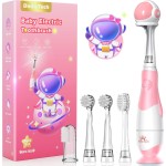 Toddler Electric Toothbrush Kids Age 1-2-3 Years Old, Infants & Baby Electric Toothbrush with Finger Tooth Brush, Cute Cover, LED Light, 2 Minutes Timer, 4 Brush Heads, Suction Cup (Pink Astronaut)