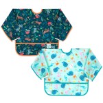 Bumkins - Sleeved Bib - For Boys & Girls, Babies & Toddlers 6-24 Months - Lightweight, Durable, Waterproof - Long Sleeve Bib - Catch-All Pocket - Wipeable & Machine Washable - Jungle & Ocean - 2 Pack