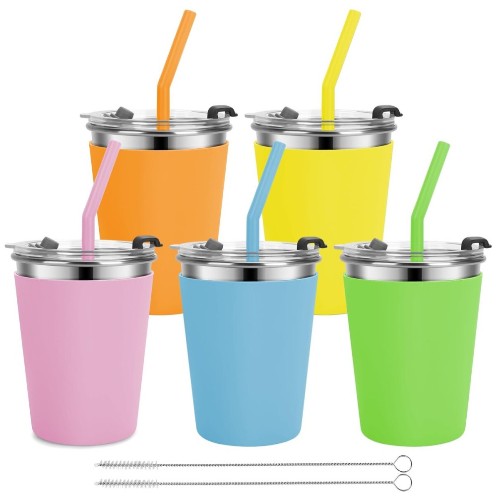Vermida Kids Cups with Straws and Lids, 5 Pack 12oz Spill Proof Toddlers Straws Tumbler with Lids, Stainless Steel Kids Cups with Lids for School, Outdoor, Multicolor