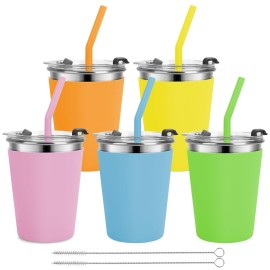 Vermida Kids Cups with Straws and Lids, 5 Pack 12oz Spill Proof Toddlers Straws Tumbler with Lids, Stainless Steel Kids Cups with Lids for School, Outdoor, Multicolor