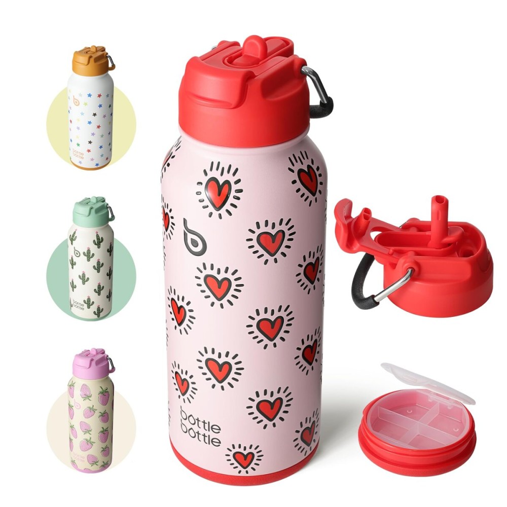 BOTTLE BOTTLE 32oz Insulated Water Bottle Stainless Steel Sport Water Bottle with Straw Dual-use Lid Design for Gym with Pill Box (Heartbeats)