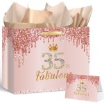 Yoirrat Rose Gold 35 & Fabulous 35th Birthday Gift Bag for Women Large Pink Happy 35th Birthday Gift Bag with Wrapping Paper and Card for 35th Bday Decorations Party Supplies