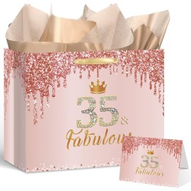 Yoirrat Rose Gold 35 & Fabulous 35th Birthday Gift Bag for Women Large Pink Happy 35th Birthday Gift Bag with Wrapping Paper and Card for 35th Bday Decorations Party Supplies