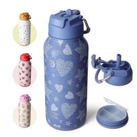 BOTTLE BOTTLE 32oz Insulated Water Bottle Stainless Steel Sport Water Bottle with Straw Dual-use Lid Design for Gym with Pill Box (Denim Beats)