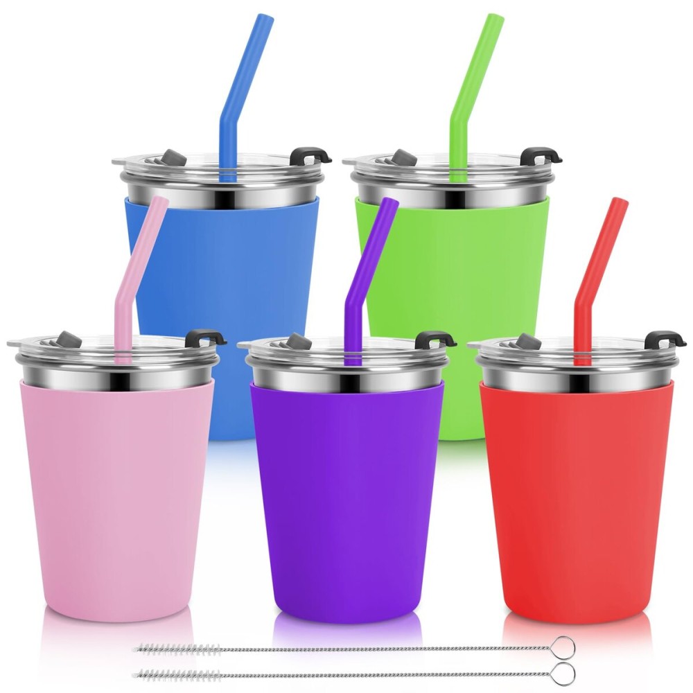 Vermida Kids Cups with Straws and Lids, 5 Pack 12oz Spill Proof Toddlers Straw Cup with Lid, Stainless Steel Kids Cups with Lids for School, Outdoor, Multicolor