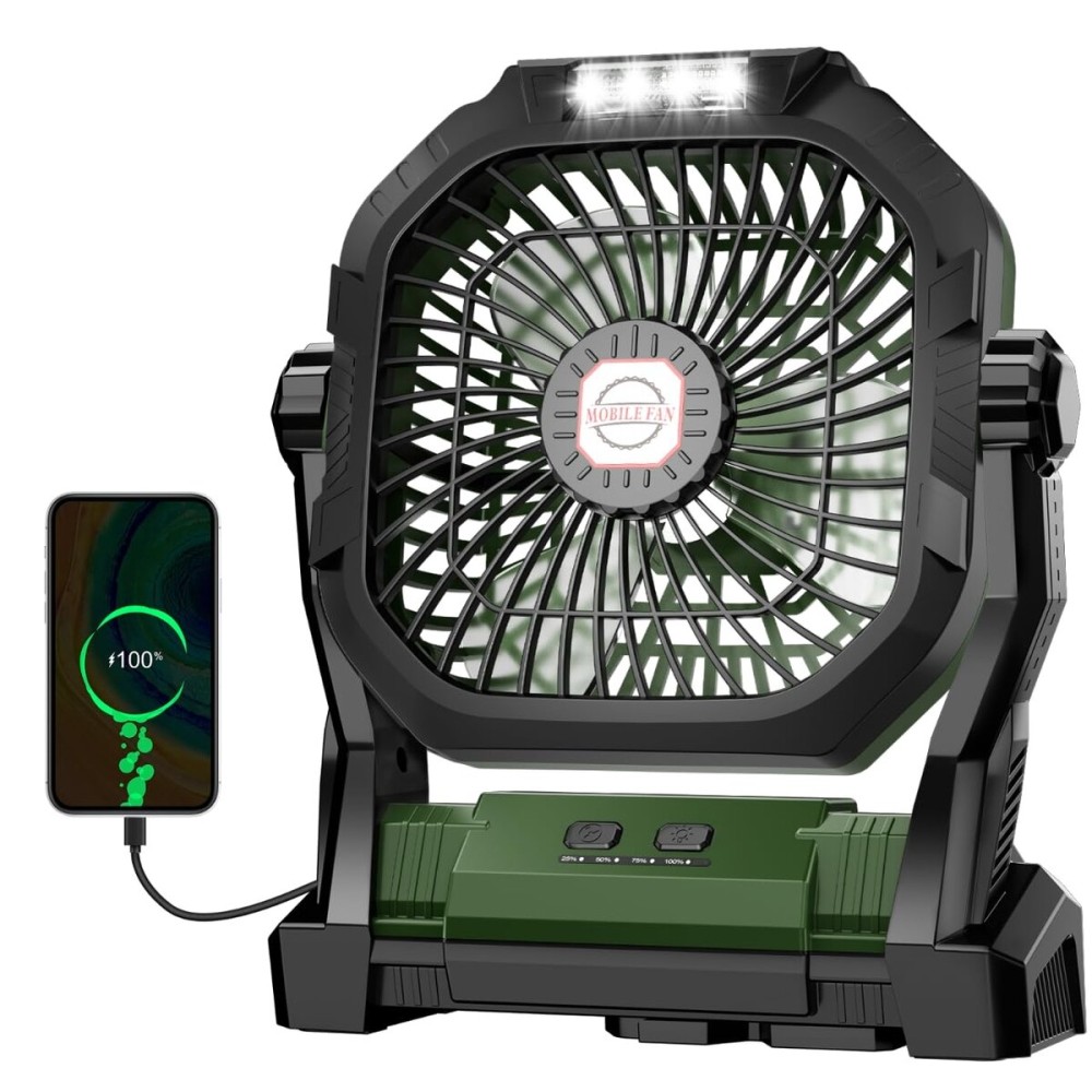 Camping Fan Rechargeable, 20000mAh Battery Powered Portable Fan with LED Light, 4-Speed 180 Adjustable, Camping Essentials for Tent, Travel, Car, Outdoor, Indoor, BBQ, Fishing, Jobsite - Green