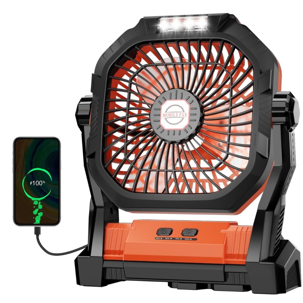 Camping Fan Rechargeable, 20000mAh Battery Powered Portable Fan with LED Light, 4-Speed 180 Adjustable, Camping Essentials for Tent, Travel, Car, Outdoor, Indoor, BBQ, Fishing, Jobsite - Orange
