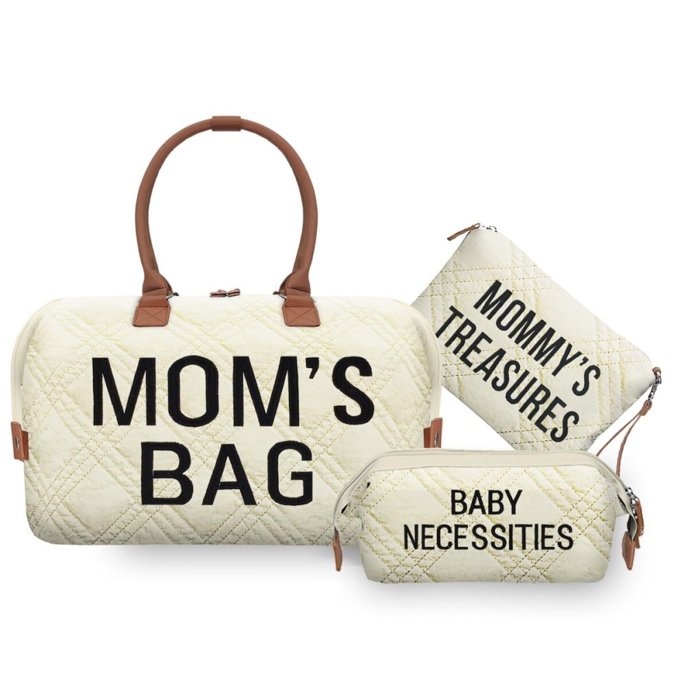 printe Diaper Bag Tote with 2 Organizers, Large Mommy Bag for Hospital & Travel Baby Diaper for Baby Care (Quilted Embroidery-Beige)