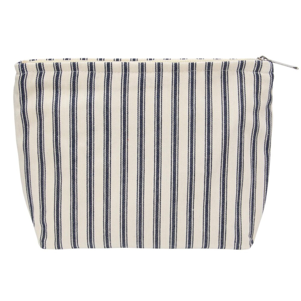 PAZIMIIK Makeup Bag Large Cotton Zipper Pouch for Purse Travel Canvas Make Up Organizer for Women Cosmetic,Vintage Stripe Navy Blue