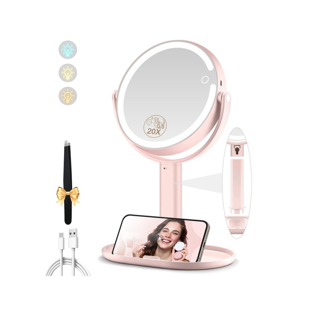 MOMOKUBA Makeup Mirror with Lights, Double Sided 1x/20x Magnifying Mirror with Light, Rechargeable 3 Color Lights and Adjustable Brightness, 360 Rotation Detachable Comes with Tweezer(Pink)