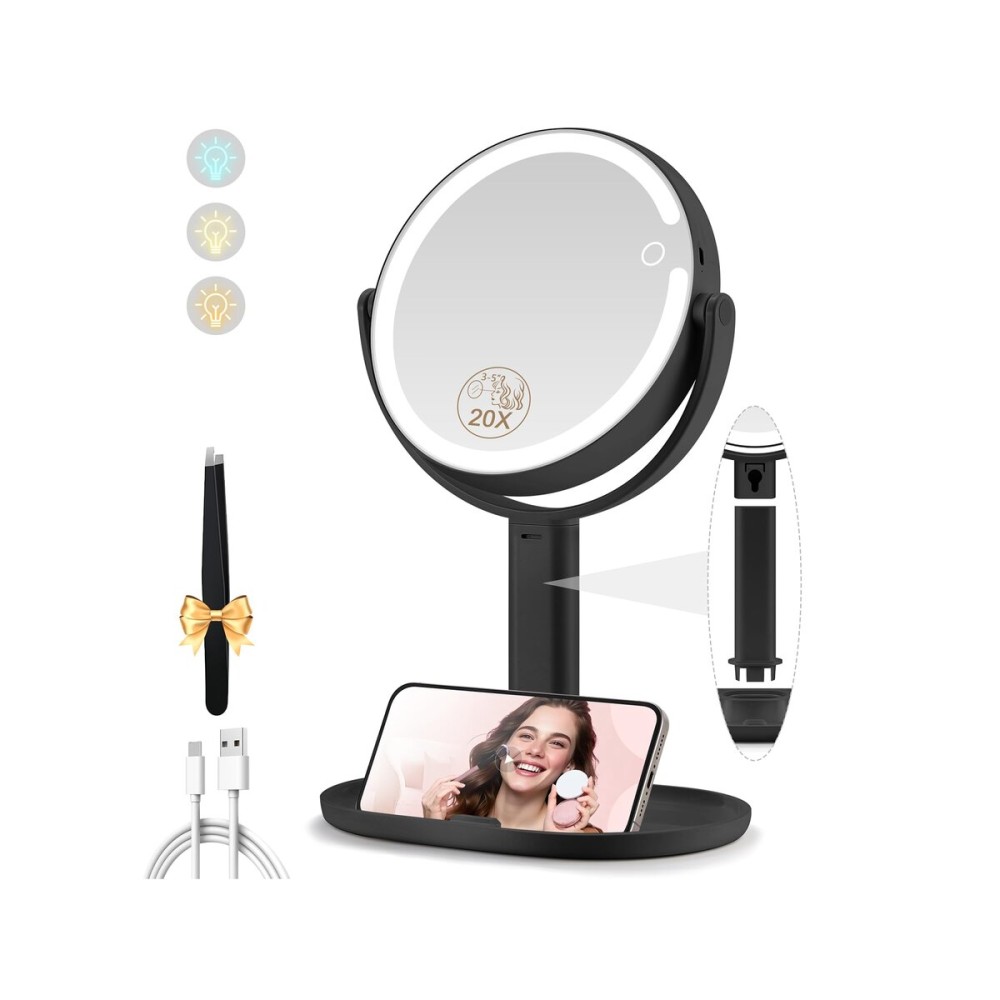 MOMOKUBA Makeup Mirror with Lights, Double Sided 1x/20x Magnifying Mirror with Light, Rechargeable 3 Color Lights and Adjustable Brightness, 360 Rotation Detachable Comes with Tweezer(Black)
