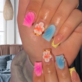 Short Press on Nails Square French Tip Fake Nails Pink Blue Glue on Nails with 3D Swirl and Flower Designs Acrylic Nails Press ons Full Cover Stick on Nail for Women Manicure 24Pcs
