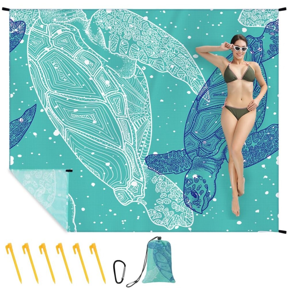 Ainiv Beach Blanket, Large Beach Mat 140 x 210 cm (2-3 People) Foldable, Sandproof Waterproof, Camping Outdoor Blanket with 6 Fixed Nails for Beach, Hiking, Picnic