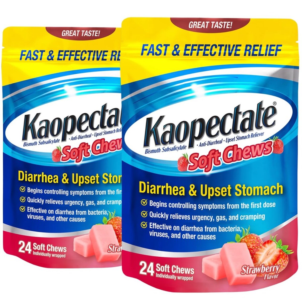 Kaopectate Strawberry Soft Chews 24 Count - Diarrhea Medication for Adults with Bismuth Subsalicylate, Anti-Diarrhea Medicine for Stomach Relief (Pack of 2)