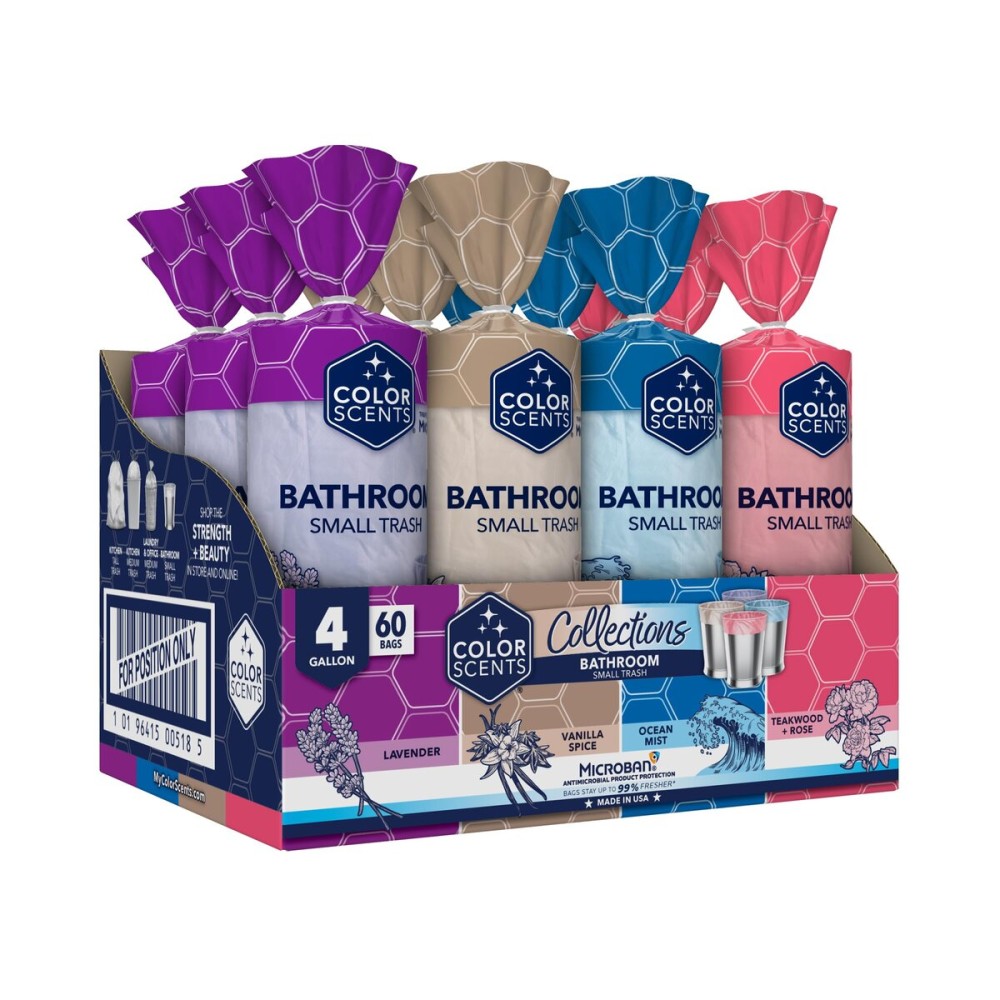 Color Scents Small Trash Bags - 4 Gallon, 720 Total Bags (12 Packs of 60 Count), Twist Tie (4 unique scent + color combinations) with Microban
