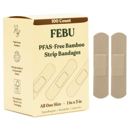 FEBU Bamboo Fabric Bandages | PFAS Free Flexible Fabric Bandages | Latex Free Bandage | Natural Hypoallergenic Bandage for Scrapes, Cuts & First Aid | 1in x 3in | 100 Count Pack