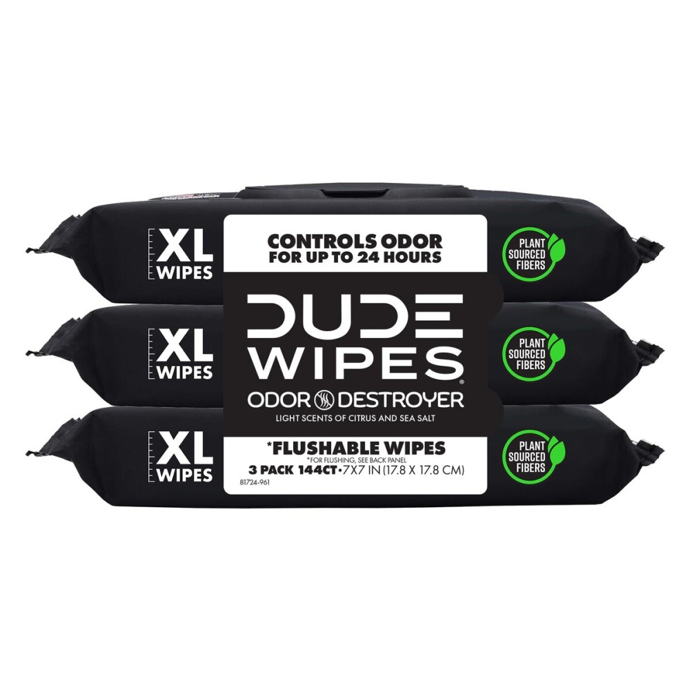 DUDE Wipes - Flushable Wipes for Adults - 3 Pack, 144 Count - Odor Destroyer XL - Deodorizing with Clean Scent - Up to 24 Hours of Odor-Destroying Technology