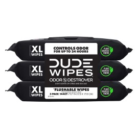 DUDE Wipes - Flushable Wipes for Adults - 3 Pack, 144 Count - Odor Destroyer XL - Deodorizing with Clean Scent - Up to 24 Hours of Odor-Destroying Technology
