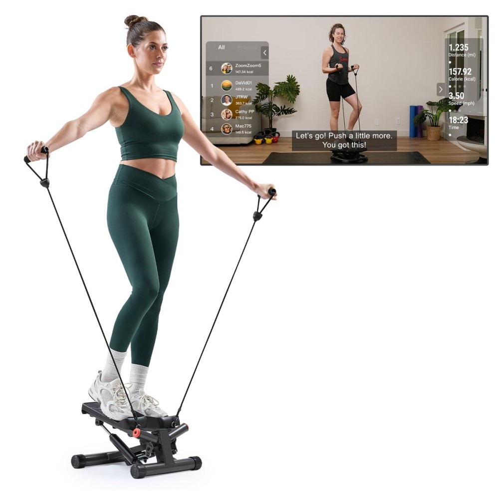 Sunny Health & Fitness Smart Twist Stepper with Resistance Bands, Bluetooth App Connectivity, Adjustable Step Height, 300 LB Capacity, Compact Mini Stair Step Machine