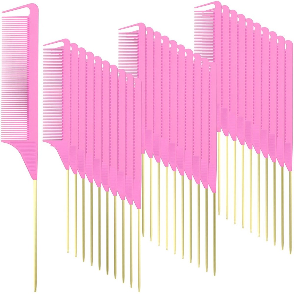 Patelai 30 Pieces Parting Comb for Braids Steel Hair Pin Rat Tail Carbon Fiber Heat Resistant Teasing Combs with Stainless Steel Pintail (Pink and Gold)