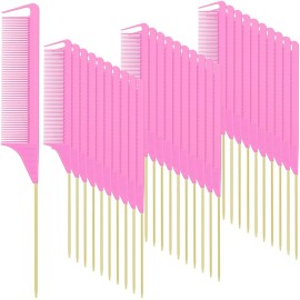 Patelai 30 Pieces Parting Comb for Braids Steel Hair Pin Rat Tail Carbon Fiber Heat Resistant Teasing Combs with Stainless Steel Pintail (Pink and Gold)