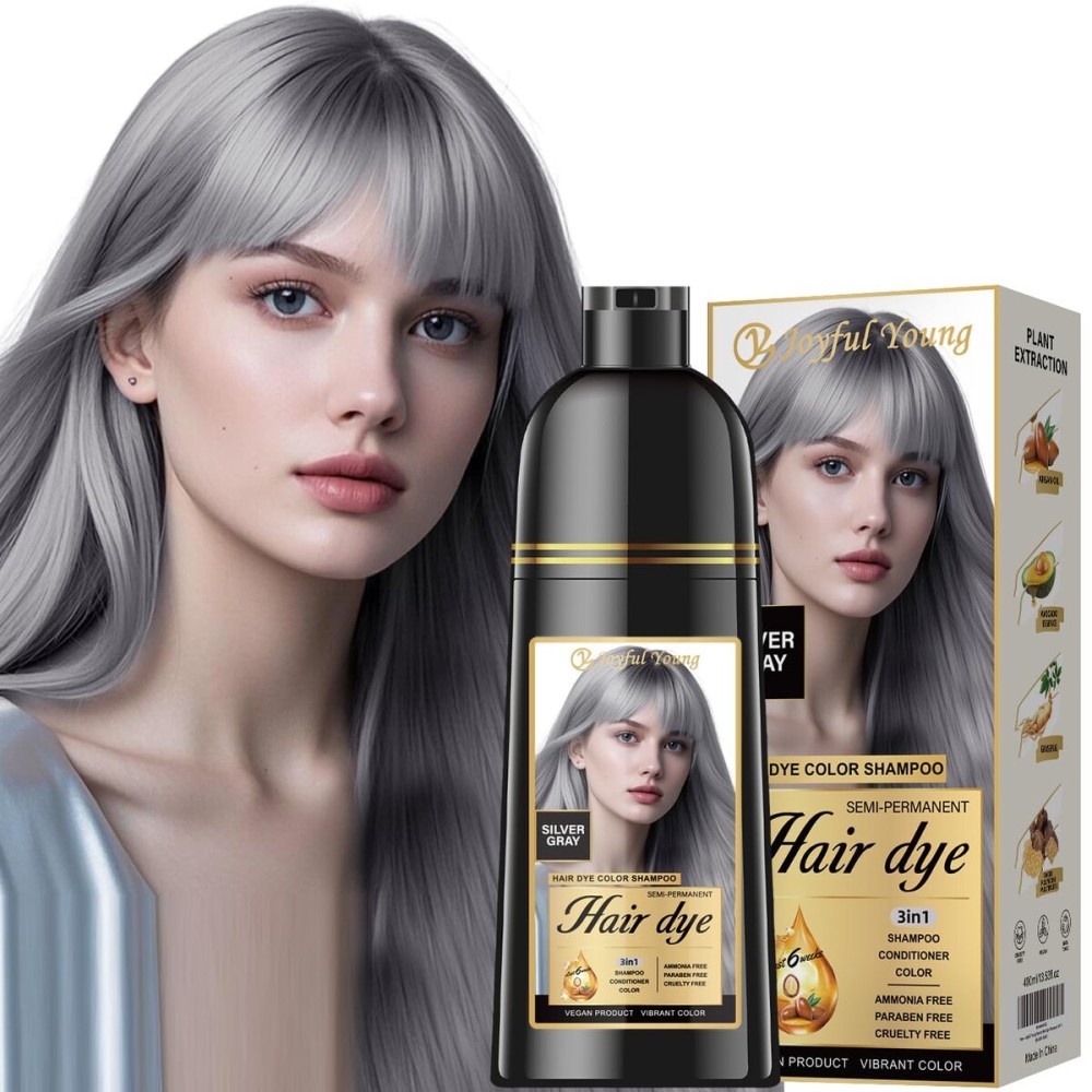 Joyful Young Natural Color Hair Dye Shampoo 3 IN 1, Instant Hair Coloring, Gray Coverage for Men & Women, Beard Dye Vegan Ammonia Free & Paraben-Free, Champ Para Canas Mujer & Hombre (SILVER GRAY)
