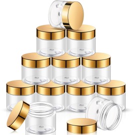 SATINIOR 12 Pack 10 oz Plastic Container Jars with Lids Round Clear Travel Cosmetic Container Slime Jars for Toiletries, Lotion, Cream, Ointments, Makeup, Rhinestone, Samples, Kitchen Storage(Gold)