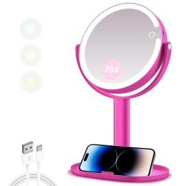 MIYADIVA Makeup Mirror with Lights, 20X Magnifying Mirror with Light and Touch Switch, 2-Sided Vanity Mirror with 3 Color and 80 LEDs, Hot Pink