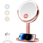 MIYADIVA Makeup Mirror with Lights,20X Magnifying Mirror with Light and Touch Switch, 2-Sided Vanity Mirror with 3 Colors and 80 LEDs, Metallic Rose Gold