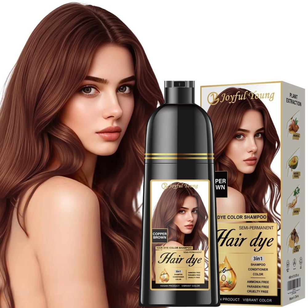 Joyful Young Hair Dye Shampoo 3-in-1 Vegan Color for Gray Hair - Ammonia-Free for Men & Women - Beard & Hair Coloring - Instant Gray Coverage Champ Para Canas Mujer & Hombre (COPPER BROWN)
