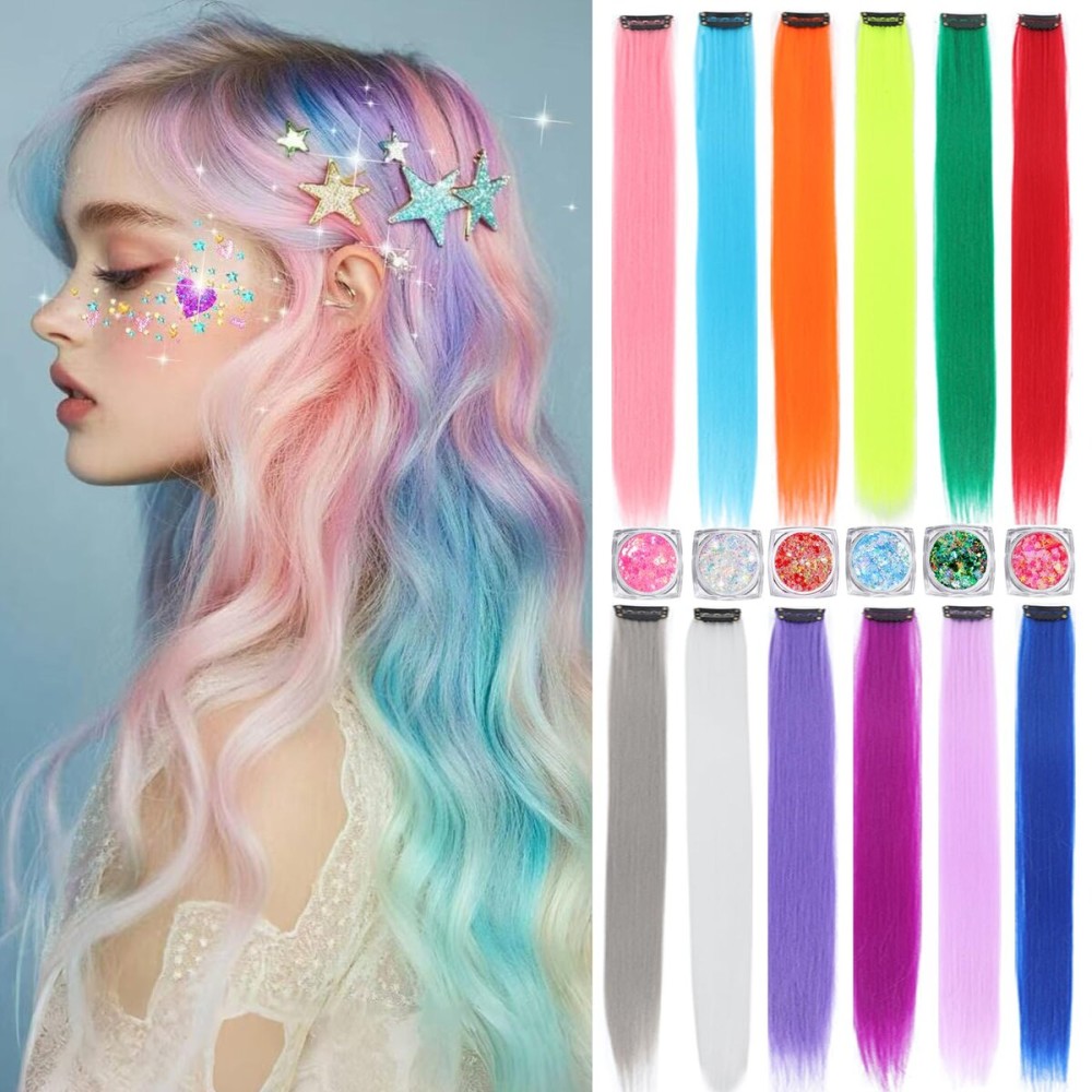 Colored Hair Extensions, 22 Inch Straight Clip in Hair Extension Body Face Hair Glitter Multi Color Rainbow Pink Red Hairpiece Extensions for Kids Girls Women (Glitter+12 color)