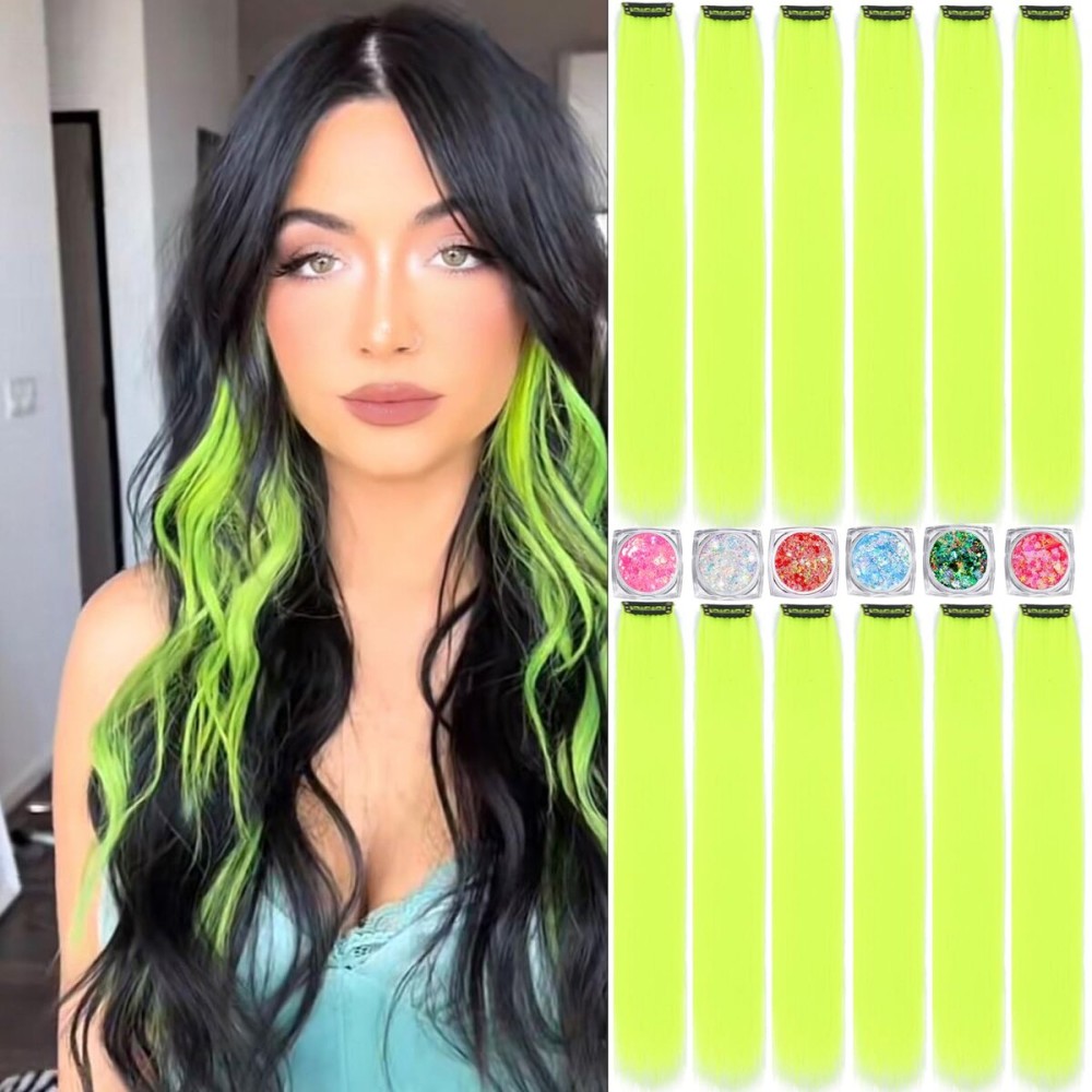 Colored Hair Extensions, 22 Inch Straight Clip in Hair Extension Body Face Hair Glitter Multi Color Rainbow Pink Red Hairpiece Extensions for Kids Girls Women (Glitter+Fluorescent Yellow)