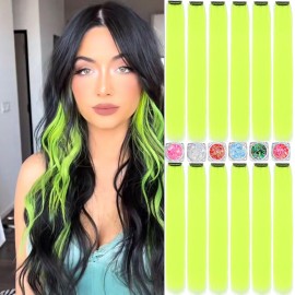 Colored Hair Extensions, 22 Inch Straight Clip in Hair Extension Body Face Hair Glitter Multi Color Rainbow Pink Red Hairpiece Extensions for Kids Girls Women (Glitter+Fluorescent Yellow)