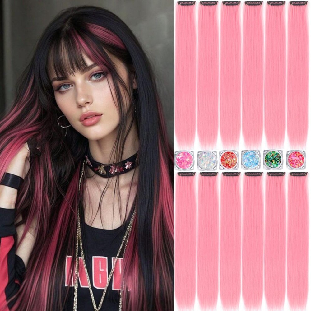 Colored Hair Extensions, 22 Inch Straight Clip in Hair Extension Body Face Hair Glitter Multi Color Rainbow Pink Red Hairpiece Extensions for Kids Girls Women (Glitter+Pink)