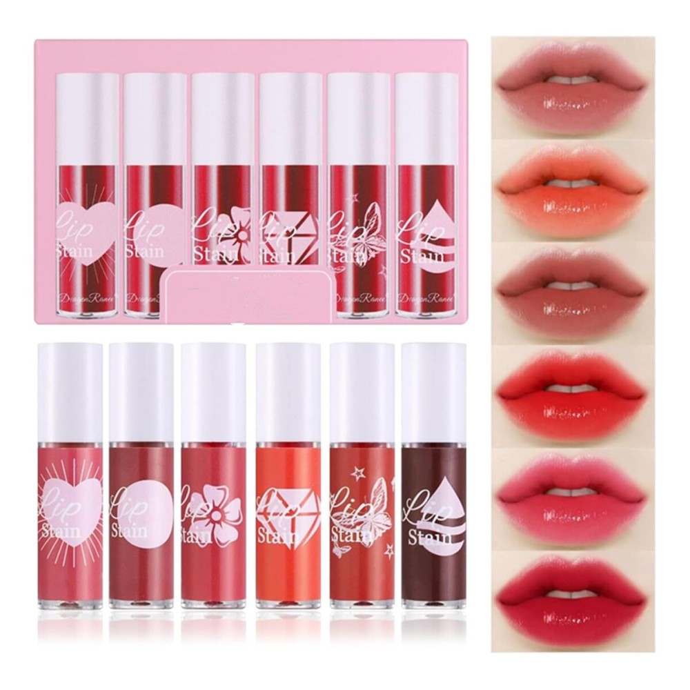 6 Colors Lip Tint Stain Set, Korean Velvet Watery Lip Stain Mini Liquid Lipstick, Moisturizing Natural Long lasting Non-Stick Cup Waterproof Multi-use Lip and Cheek Tint, Vivid Color Makeup (Set B)