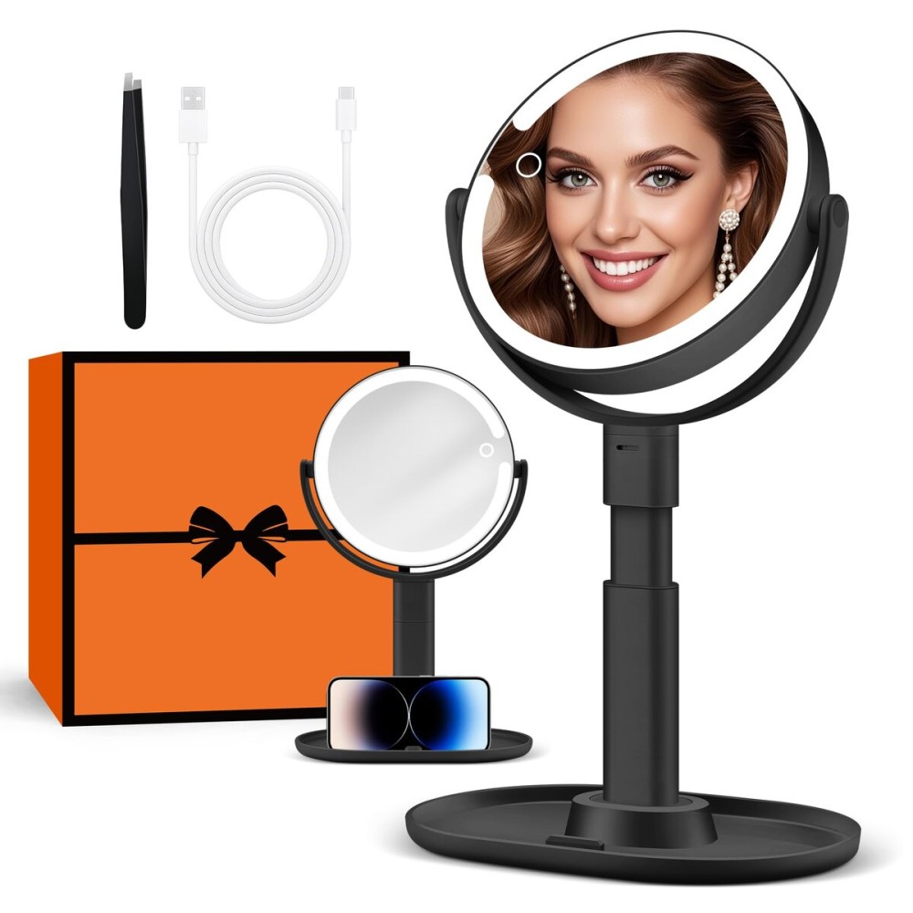 B Beauty Planet Makeup Mirror with Lights, Lighted Magnifying Mirror 30X with 3 Lighting and Adjustable Brightness, 2-Sided Height Adjustable Vanity Mirror for Bathroom, Gifts for Women Black