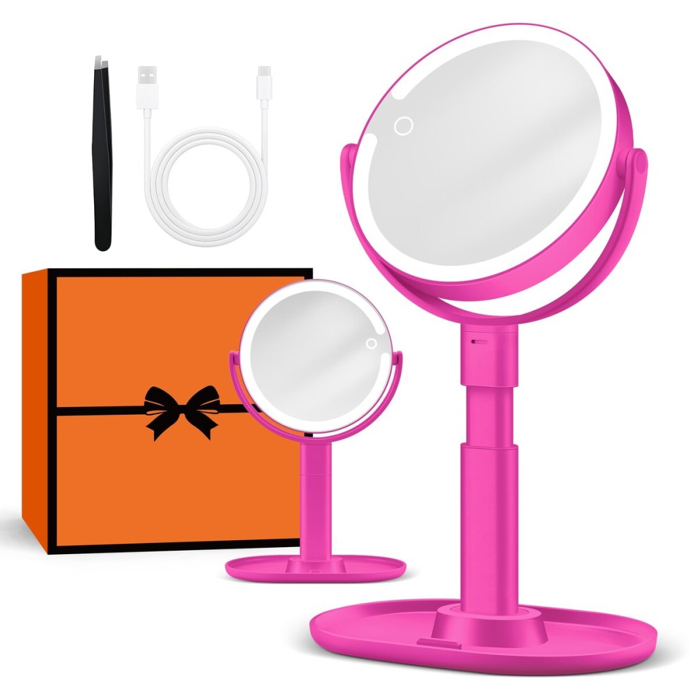 B Beauty Planet Makeup Mirror with Lights, Lighted Magnifying Mirror 30X with 3 Lighting and Adjustable Brightness, 2-Sided Height Adjustable Vanity Mirror for Bathroom, Gifts for Women Hot Pink
