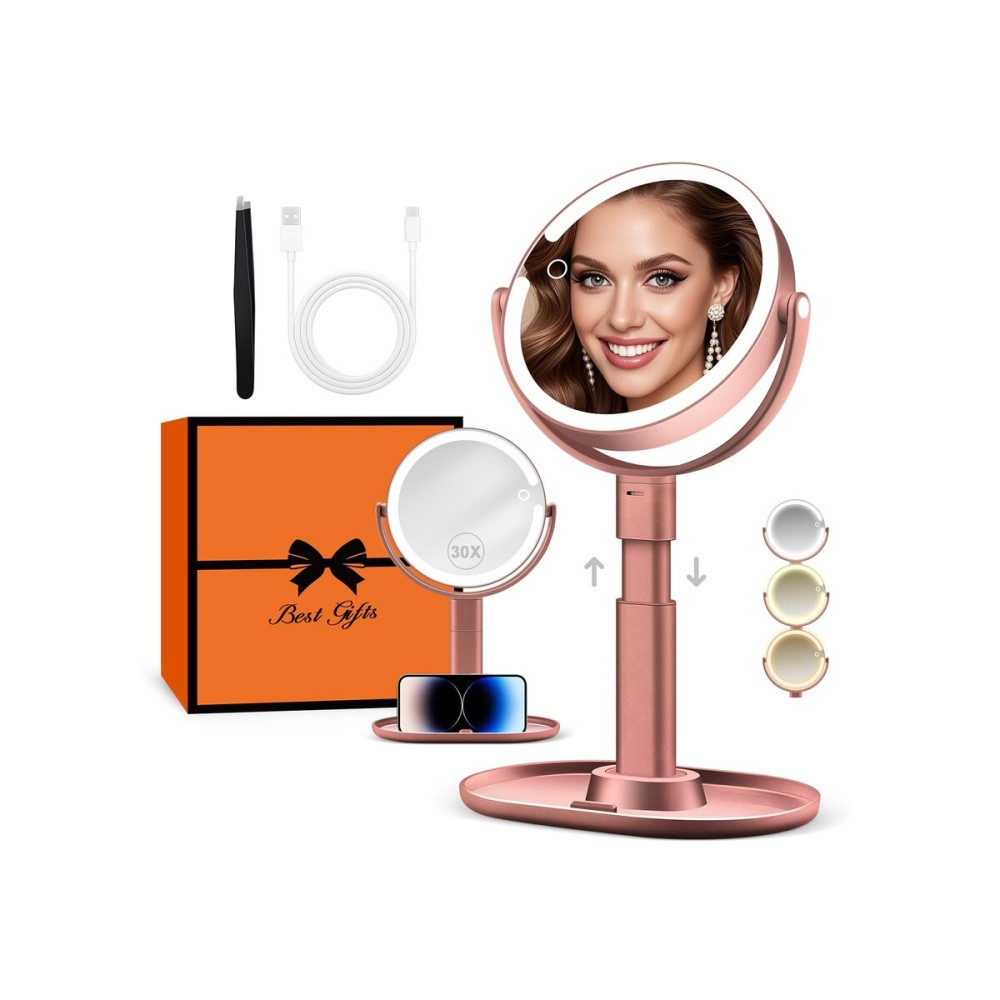 B Beauty Planet Makeup Mirror with Lights, Lighted Magnifying Mirror 30X with 3 Lighting and Adjustable Brightness, 2-Sided Height Adjustable Vanity Mirror for Bathroom, Gifts for Women Rose Gold