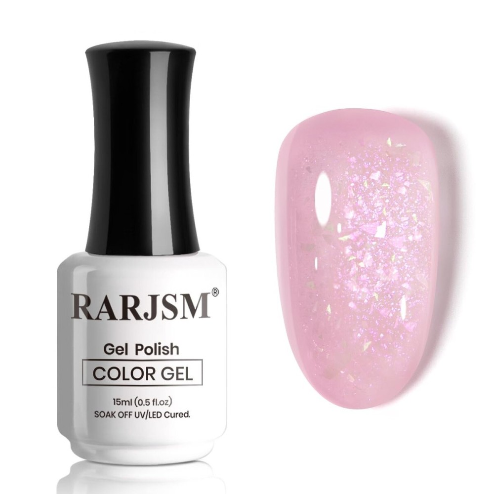 RARJSM Nude Rose Pink Glitter Gel Nail Polish Green Big Rainbow Iridescent Flakes Finish Shimmer Gelpolish 15ml Soak Off Nuded Skin Tone Color Home Salon French Manicure Varnish Curing Requires