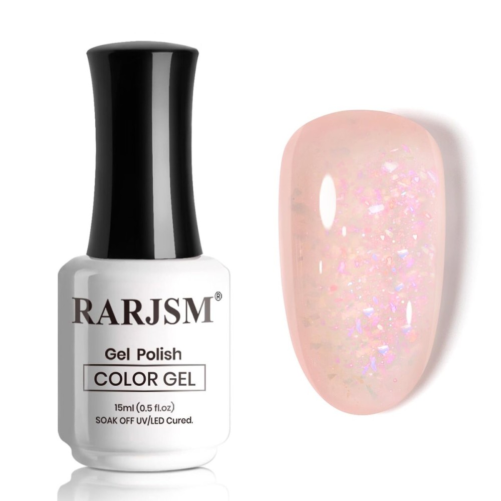 RARJSM Nude Soft Pink Glitter Gel Nail Polish Blue Green Big Rainbow Flakes Finish Shimmer Gelpolish 15ml Soak Off Nuded Skin Tone Color Home Salon French Manicure Varnish Curing Requires